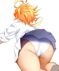 Rule 34 | 1girl, ahoge, ass, ass focus, bent over, blonde hair, emma (yakusoku no neverland), female focus, from behind, funnyari, panties, pleated skirt, shirt, short hair with long locks, simple background, skirt, solo, underwear, white background, white panties, white shirt, white skirt, yakusoku no neverland