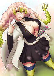 Rule 34 | 1girl, breasts, cheering, cleavage cutout, clothing cutout, female focus, formal clothes, green eyes, highres, jacket, jacket on shoulders, kanroji mitsuri, katana, kimetsu no yaiba, large breasts, long hair, looking at viewer, multicolored hair, open clothes, skirt, smile, solo, suit, sword, thick thighs, thighhighs, thighs, v, weapon