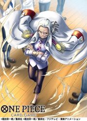 1girl coat coat_on_shoulders commentary_request copyright_name crossed_arms crost earrings epaulettes floating_clothes from_above full_body jewelry looking_to_the_side navy necktie official_art one_piece one_piece_card_game pants ponytail purple_shirt shirt sidelocks tsuru_(one_piece) white_coat white_hair