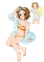 :d bare_legs bare_shoulders barefoot blush brown_hair closed_eyes closed_mouth goggles goggles_on_head highres holding k-on! legs open_mouth see-through_clothes see-through_shirt shaofangziran shirt short_hair simple_background sitting smile swimsuit tainaka_ritsu teeth v white_background