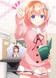 ^_^ blonde_hair blue_eyes book brown_hair chalk classroom closed_eyes cowboy_shot flower gochuumon_wa_usagi_desu_ka? gradient_hair hair_flower hair_ornament hair_ribbon highres holding holding_book holding_chalk hoto_cocoa hoto_cocoa&#039;s_school_uniform indoors kohakugin long_hair long_sleeves looking_at_viewer miniskirt multicolored_hair pink_flower pink_hair pink_sweater pleated_skirt red_ribbon ribbon sailor_collar school_uniform skirt sweater thigh_gap ujimatsu_chiya white_ribbon white_sailor_collar white_skirt