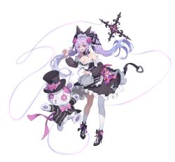 Rule 34 | 1girl, absurdres, apron, asymmetrical legwear, bare shoulders, belt, black dress, black hat, black shoes, breasts, choker, cleavage, commentary request, control bar, detached sleeves, dress, eyepatch, frilled choker, frilled dress, frilled sleeves, frills, full body, gradient hair, hair ribbon, hat, high heels, highres, kneehighs, kurimui2, long hair, long sleeves, looking at viewer, medium breasts, multicolored hair, open mouth, original, pantyhose, pink eyes, puppet strings, purple hair, ribbon, shoes, simple background, single kneehigh, single leg pantyhose, single sock, socks, solo, strapless, strapless dress, string, stuffed animal, stuffed toy, teddy bear, top hat, very long hair, waist apron, white background, white pantyhose, white socks