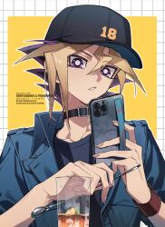 1boy black_hair black_hat black_shirt blonde_hair blue_jacket cellphone cowboy_shot glasses hat highres jacket male_focus medium_hair multicolored_hair muto_yugi phone purple_eyes purple_hair shirt simple_background smartphone solo spiked_hair upper_body watermark yellow_background yoshio_296 yu-gi-oh! yu-gi-oh!_duel_monsters