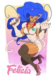 1girl abs animal_hands blue_hair breasts character_name dark-skinned_female dark_skin dress felicia_(darkstalkers) green_eyes large_breasts long_hair looking_at_viewer muscular muscular_female short_dress short_sleeves teeth very_long_hair white_fur wicky