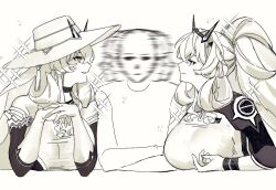 1boy 2girls afterimage barghest_(fate) barghest_(fgo_fes._2025)_(fate) barghest_(over_the_same_sky)_(fate) breasts choker dual_persona fate/grand_order fate_(series) hat highres large_breasts long_hair looking_at_another meme multiple_girls official_alternate_costume pk_zatta_69 ponytail simple_background the_weaker_sex_1_(gibson) upper_body white_background