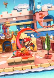1boy aircraft airship artist_name blue_flower blue_overalls blue_sky brick_wall brown_hair brown_shoes building cloud door dutch_angle facial_hair flower gloves hammer hat highres holding holding_hammer jumping maribou_(supermaribou) mario mario_(series) mustache newsboy_cap nintendo outdoors overalls paint paint_can paper_mario paper_mario:_color_splash paper_mario_(character) plant potted_plant red_hat red_shirt save_block shirt shoes shop short_hair signature sky solid_oval_eyes solo stairs string water white_gloves window