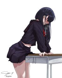 Rule 34 | 1girl, absurdres, black serafuku, black skirt, blush, crotch rub, drooling, female masturbation, highres, holding table, long hair, long sleeves, masturbation, miniskirt, navel, no eyes, nose blush, open mouth, original, pleated skirt, pussy juice, pussy juice trail, reikku, sakenomi akane, saliva, school uniform, serafuku, simple background, skirt, solo, table, table humping, thighs, tongue
