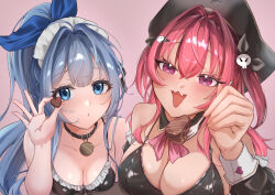 2girls absurdres anchor_(innocent_maid)_(nikke) anchor_(nikke) bikini black_bikini black_corset blue_eyes blue_hair breasts candy chocolate chocolate_heart cleavage commentary_request corset fang food fork goddess_of_victory:_nikke hair_ornament hat heart heart-shaped_food highres holding holding_chocolate holding_food holding_fork incoming_food large_breasts long_hair looking_at_viewer maid maid_bikini maid_headdress mast_(nikke) mast_(romantic_maid)_(nikke) medium_breasts multiple_girls official_alternate_costume pink_background pink_eyes pink_hair pirate_hat ponytail shupita skin_fang skull_hair_ornament swimsuit unconventional_maid upper_body