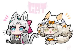 2girls :&lt; animal_ear_fluff animal_ears aqua_eyes blonde_hair bow bright_pupils carlotta_(wuthering_waves) cat_ears chef_hat chibi chibi_only colored_eyelashes commentary_request dog-san grey_hair hair_bow hair_ornament hat highres kemonomimi_mode long_hair margherita_(wuthering_waves) multiple_girls pink_bow shirt signature white_hat white_pupils white_shirt wuthering_waves