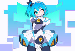 Rule 34 | 1girl, armor, black bodysuit, blue eyes, blue hair, bodysuit, cowboy shot, kaidou zx, long hair, mega man (series), mega man x (series), mega man x dive, miniskirt, one eye closed, revision, rico (mega man), robot girl, side ponytail, simple background, skirt, smile, solo, white armor, white background, white skirt