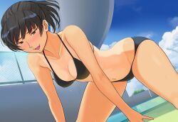 1girl :d amagami bikini black_bikini black_eyes black_hair blush breasts cloud cloudy_sky commentary_request hanaguma highres large_breasts leaning_forward looking_at_viewer navel one-piece_tan open_mouth outdoors ponytail simple_background sky smile solo stomach swimsuit tan tanline tsukahara_hibiki