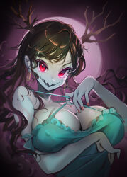 1girl black_hair blue_dress breasts covered_erect_nipples dress earrings female_focus giant giantess highres horns jewelry large_breasts long_hair looking_at_viewer lubella momochi_momotan momodora:_reverie_under_the_moonlight open_mouth red_eyes sleeveless sleeveless_dress smile solo