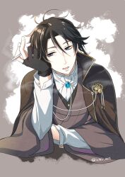 1boy akutagawa_ryuunosuke_(bungou_to_alchemist) antenna_hair ascot black_gloves black_hair blue_eyes brooch brown_cape brown_kimono bungou_to_alchemist buttoned_cuffs buttons cape cigarette cropped_torso elbow_rest fingerless_gloves gears gloves grey_background hair_between_eyes holding holding_cigarette ichii_(ichii_00) japanese_clothes jewelry kimono lapel_pin long_sleeves looking_at_viewer male_focus open_mouth shirt smoke solo splatter_background sweater_guard white_ascot white_shirt