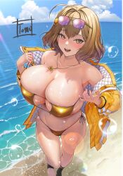 1girl ahoge anis_(nikke) anis_(sparkling_summer)_(nikke) artist_name bikini blonde_hair blue_sky blush breasts cleavage cloud cloudy_sky collarbone commentary_request day fingernails goddess_of_victory:_nikke gold_bikini golden_week hair_between_eyes hair_ornament highleg highleg_bikini highres huge_breasts jacket jewelry large_breasts long_sleeves looking_at_viewer navel necklace ocean off_shoulder open_clothes open_jacket open_mouth outdoors pulling_own_clothes sand satin_bikini shiny_skin shiny_swimsuit shore short_hair side-tie_bikini_bottom signature sky solo stomach sunglasses sunlight swimsuit teeth toeless_legwear toes tomo_eokaiteru upper_teeth_only water water_drop