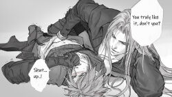 2boys black_gloves blush clenched_teeth closed_eyes cloud_strife commentary english_commentary english_text final_fantasy final_fantasy_vii final_fantasy_vii_advent_children gloves grey_hair greyscale hand_in_another&#039;s_underwear hand_on_another&#039;s_arm hand_on_another&#039;s_crotch hand_under_clothes long_hair luluzhang998873 lying male_focus midriff_peek monochrome multiple_boys sephiroth shaking short_hair smile speech_bubble spiked_hair stomach sweat teeth yaoi