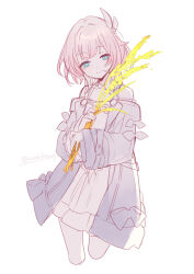 1girl asahikawa_hiyori bare_shoulders blue_eyes coat commentary_request cropped_legs cyrene_(honkai:_star_rail) dress hair_ornament holding_wheat honkai:_star_rail honkai_(series) jewelry looking_at_viewer necklace pink_hair purple_coat short_hair simple_background solo white_background white_dress