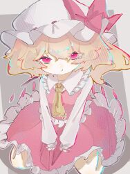 1girl :t ascot blonde_hair closed_mouth collared_shirt crystal crystal_wings flandre_scarlet frilled_shirt_collar frilled_skirt frilled_vest frills grey_background hat hat_ribbon highres long_sleeves looking_at_viewer mob_cap nanashi_1104 one_side_up pout red_eyes red_ribbon red_skirt red_vest ribbon shirt sitting skirt skirt_set solo touhou vest wariza white_hat white_shirt wings yellow_ascot