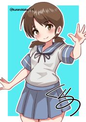 1girl aqua_background blue_sailor_collar blue_skirt border brown_eyes brown_hair highres kantai_collection kurano_kisuke low_twintails one-hour_drawing_challenge outside_border pleated_skirt sailor_collar school_uniform serafuku shirayuki_(kancolle) shirt short_hair short_sleeves short_twintails skirt smile solo twintails twitter_username two-tone_background waving white_border white_shirt