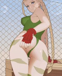 1girl animated animated_gif anus anus_peek ass blonde_hair blue_eyes bodypaint braid braided_ponytail breasts cammy_white come_hither facial_scar female_focus fence fingerless_gloves gloves grabbing_own_ass hand_on_own_ass highres huge_ass leotard looking_at_viewer scar scar_on_cheek scar_on_face sideboob solo solo_focus spread_ass street_fighter teemu_taiga thick_thighs thigh_gap thighs