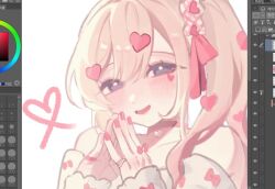 Rule 34 | 1girl, accessories, art program in frame, blonde hair, blue eyes, blush, bow print, casual, chi kan100, choker, collarbone, facial mark, gyaru, hair between eyes, hair ornament, hair ribbon, hair scrunchie, hands up, head tilt, heart, heart facial mark, heart hair ornament, heart sticker, high side ponytail, jewelry, kedarui aashii, kimi no koto ga dai dai dai dai daisuki na 100-nin no kanojo, kogal, long sleeves, looking at viewer, multiple rings, off-shoulder shirt, off shoulder, open mouth, own hands together, pink choker, pink ribbon, pink scrunchie, ribbon, ring, screencap, scrunchie, shirt, simple background, smile, solo, steepled fingers, white background, white shirt