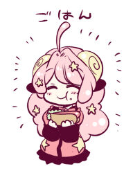 Rule 34 | 1girl, ahoge, animal ears, black sleeves, eating, food, hands up, happy, happy aura, horns, jacket, long hair, long sleeves, moa (show by rock!!), pink hair, pink jacket, sandwich, sheep ears, sheep horns, show by rock!!, simple background, solo, white background, yokoshima takemaru