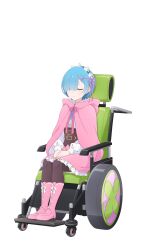 1girl absurdres black_corset black_pantyhose blue_hair boots cape closed_eyes closed_mouth contrapposto corset dress expressionless full_body hair_ornament hair_over_one_eye hair_ribbon hand_on_own_hip hands_on_lap highres hood hooded_cape long_sleeves looking_at_viewer official_alternate_costume official_art one_eye_covered own_hands_together pantyhose pink_cape pink_dress pink_ribbon pink_shoes ram_(re:zero) re:zero_kara_hajimeru_isekai_seikatsu ribbon shirt shoes short_hair simple_background sitting smile solo tachi-e wheelchair white_background white_shirt x_hair_ornament