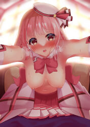 1boy 1girl absurdres blurry blush bow braid breasts commentary_request detached_sleeves hat heart heart-shaped_pupils heavy_breathing hetero highres hoshizaki_akari indoors looking_at_viewer medium_breasts nekouta nipples ongeki open_mouth partially_undressed pink_hair pleated_skirt pov red_bow red_skirt ribbon skirt sweat symbol-shaped_pupils upturned_eyes