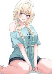 1girl absurdres adapted_costume aizawa_ema aizawa_ema_(4th_costume) akue armpit_crease arms_between_legs black_shorts blonde_hair blue_eyes blue_shirt braid gradient_hair highres multicolored_hair open_mouth shirt shorts simple_background single_bare_shoulder single_off_shoulder sitting solo t-shirt twin_braids virtual_youtuber vspo! wariza white_background
