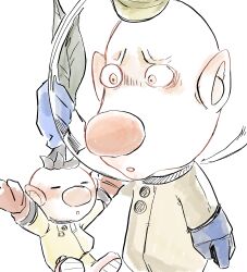 2boys :o arms_up big_nose blonde_hair blue_gloves blush brown_hair buttons closed_eyes cowboy_shot floating_hair furrowed_brow gloves highres holding iat-418 light_blush louie_(pikmin) male_focus mini_person miniboy multiple_boys nintendo olimar olimin open_mouth pikmin_(series) pointy_ears raised_inner_eyebrows red_gloves short_hair simple_background size_difference spacesuit surprised unusually_open_eyes very_short_hair white_background yellow_eyes