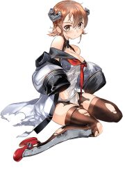 1girl breasts brown_eyes brown_hair brown_thighhighs cleavage clothes_writing flipped_hair full_body grey_shirt headgear kantai_collection looking_at_viewer medium_breasts neckerchief official_art raincoat red_neckerchief richard_p._leary_(kancolle) richard_p._leary_(rainy_season)_(kancolle) rudder_footwear shin_guards shirt short_hair sitting sleeves_past_fingers sleeves_past_wrists solo thighhighs torn_clothes transparent_background wet wet_clothes white_raincoat yokozuwari zeco