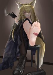 Rule 34 | 1girl, absurdres, animal ears, arknights, barefoot, biting own lip, blonde hair, blush, boots, cigarette, clenched teeth, crossed legs, deppy, feet, fox ears, fox tail, hair over one eye, highres, licking foot, long hair, looking at viewer, orange eyes, shoes, sitting, smoking, soles, tail, teeth, toes, tongue, unworn boots, unworn shoes, vulpisfoglia (arknights)
