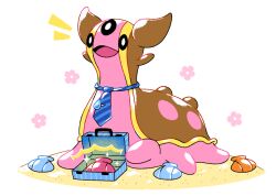 Rule 34 | blue necktie, briefcase, commentary, commission, creature, creature focus, english commentary, flower symbol, gastrodon, gastrodon (west), gen 4 pokemon, gotchibam, holding, holding briefcase, ko-fi commission, necktie, nintendo, no humans, pokemon, pokemon (creature), sand, seashell, shell, sidelighting, simple background, smile, solo, sparkle, sparkling aura, striped necktie, tie clip, white background