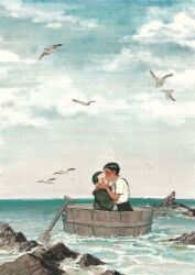 2boys aged_down bird black_hair black_pants blue_background blue_sky blush boat chengongzi123 child closed_eyes closed_mouth cloud collared_shirt facing_another golden_kamuy green_hair head_grab highres kiss kissing_cheek koito_otonoshin long_sleeves looking_at_another male_focus multiple_boys oar one_eye_closed outdoors pants rock rowboat seagull shirt short_hair short_sleeves sky tarai-bune tsukishima_hajime upper_body very_short_hair water watercraft white_shirt wide_shot yaoi