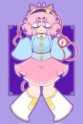 Rule 34 | 1girl, animal ears, black hairband, cat ears, cat girl, closed mouth, commentary, fangs, full body, hairband, heart, heart print, highres, komeiji satori, long sleeves, looking at viewer, mccum69, pink skirt, purple background, skirt, sleeves past fingers, sleeves past wrists, solo, third eye, touhou, white footwear, wide sleeves