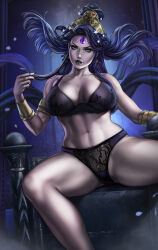 1girl absurdres anklet barefoot black_bra black_lips bra breasts breasts_apart crossed_legs dandon_fuga hades_(series) hades_1 highres jewelry large_breasts lingerie lips lipstick long_hair looking_at_viewer makeup mature_female necklace non-web_source nyx_(hades) pale_skin purple_hair sitting solo spread_legs thick_thighs thighs toned toned_female underwear yellow_eyes