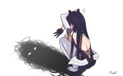 Rule 34 | ^^^, artist name, back, black collar, cat shadow puppet (meme), collar, detached sleeves, different shadow, dress, eyes in shadow, fur-trimmed collar, fur trim, gloves, halo, highres, hololive, hololive english, low wings, mude, ninomae ina&#039;nis, ninomae ina&#039;nis (1st costume), okobo, platform sandals, purple dress, purple gloves, purple hair, purple ribbon, ribbon, sandals, shadow, single detached sleeve, single thighhigh, squatting, strapless, strapless dress, surprised, tabi, tentacle hair, tentacles, thighhighs, tube dress, virtual youtuber, white background, white wings, wings
