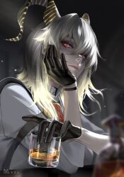 1girl absurdres artist_logo artist_name black_gloves black_horns closed_mouth commentary cup curled_horns drinking_glass gloves gradient_hair grey_hair hand_on_own_face hashtag-only_commentary highres holding holding_cup horns logo long_hair looking_at_viewer m_alexa multicolored_hair necktie red_eyes red_necktie shirt solo white_shirt wuthering_waves zani_(wuthering_waves)