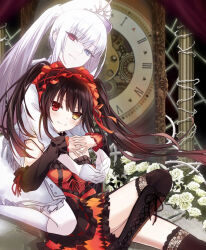 2girls black_thighhighs blue_eyes brown_hair clock closed_mouth date_a_live dress gloves hat heterochromia highres long_hair looking_at_viewer multiple_girls red_dress red_eyes saint_laurent_paris smile thighhighs tokisaki_kurumi twintails very_long_hair white_dress white_gloves white_hair white_hat white_queen_(date_a_live) white_thighhighs yellow_eyes