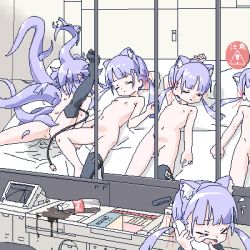 &gt;_&lt; 5girls animal_ear_fluff animal_ears black_thighhighs clone clothed_female_nude_female coca-cola convenient_censoring female_focus flat_chest fluff flying_sweatdrops hair_ribbon indoors lokulo-chan_(lokulo_no_mawashimono) lokulo_no_mawashimono loli low_twintails lowres monster multiple_girls navel nude original purple_hair ribbon single_thighhigh sleeping soda talking_on_phone tentacles thighhighs twintails usb
