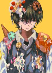 1boy absurdres black_eyes black_hair black_vest closed_mouth collared_shirt covered_in_food donut extraspiky facing_viewer food food_on_head fruit hair_between_eyes highres ice_cream ice_cream_cone long_sleeves looking_away looking_to_the_side melting melting_ice_cream object_on_head shirt short_hair solo strawberry upper_body vest white_shirt