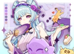 1girl blue_hair cake cat dango detached_sleeves earrings food fruit genshin_impact hair_ornament hand_fan heart holding japanese_clothes jewelry kimono long_hair looking_at_viewer macaron maid maid_headdress nihongami ningmeng_yipianye paper_fan plate pointy_ears purple_eyes smile uchiwa wa_maid wagashi yumemizuki_mizuki