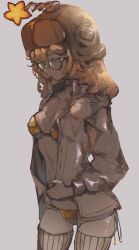 1girl bikini blue_eyes brown_hat closed_mouth collared_shirt commentary dress_shirt eeriesen3 english_commentary girls&#039;_frontline girls&#039;_frontline_2:_exilium glasses gold_bikini golden_week golden_week_bikini grey_background hat hat_ornament highres littara_(girls&#039;_frontline_2) long_hair orange_hair ribbed_thighhighs semi-rimless_eyewear shirt side-tie_bikini_bottom simple_background solo star_(symbol) star_hat_ornament sweatdrop swimsuit thighhighs ushanka white_shirt white_thighhighs wkp_(girls&#039;_frontline)