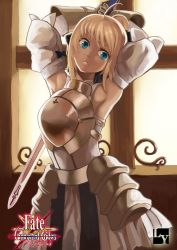 00s ahoge aqua_eyes armor armpits artoria_pendragon_(fate) bare_shoulders blonde_hair capcom club3 detached_sleeves fate/stay_night fate/unlimited_codes fate_(series) gauntlets hair_ribbon highres ponytail ribbon saber_(fate) saber_lily short_hair sword weapon