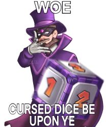 1boy beard block_(object) brown_hair cape commentary dice english_text enya_infinity eye_mask facial_hair hat high_collar highres jacket male_focus mario_(series) mario_party meme nintendo original purple_cape purple_hat purple_jacket simple_background smile solo sophist_(youtuber) top_hat upper_body white_background woe_plague_be_upon_ye