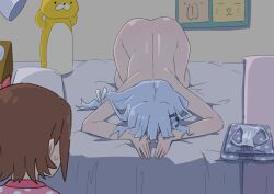 2girls bed bedroom blue_hair brown_hair commentary_request completely_nude dogeza folded_clothes hair_ornament hairclip idolmaster idolmaster_million_live! idolmaster_million_live!_(anime) idolmaster_million_live!_theater_days indoors kasuga_mirai long_hair looking_at_another multiple_girls naked_dogeza nude ohgi910 on_bed pajamas panties polka_dot scene_reference shiraishi_tsumugi short_hair sweatdrop underwear unworn_clothes unworn_panties