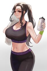 1girl alternate_costume bare_shoulders black_sports_bra bottle breasts brown_hair collarbone crop_top exercising gradient_hair grey_hair highres holding holding_bottle holding_towel large_breasts long_hair looking_at_viewer mature_female midriff mole mole_on_neck multicolored_hair navel navel_piercing nekotokage nijisanji orange_eyes pants piercing ponytail purple_sports_bra shirayuki_tomoe shorts simple_background smile solo sports_bra sportswear sweat tank_top toned towel two-tone_sports_bra virtual_youtuber water_bottle white_background wiping wiping_face wiping_sweat wristband yoga_pants