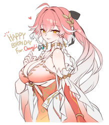 1girl bare_shoulders braid breasts bright_pupils changli_(laurel_nymph)_(wuthering_waves) changli_(wuthering_waves) character_name closed_mouth commentary english_commentary hair_between_eyes hair_extensions head_wreath heart highres kyjsogom large_breasts looking_at_viewer multicolored_hair official_alternate_costume pink_hair ring_hair_extensions simple_background smile solo twin_braids two-tone_hair white_background white_hair white_pupils wuthering_waves yellow_eyes