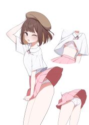 1girl absurdres accidental_exposure adjusting_clothes adjusting_headwear arm_up ass bra brown_eyes brown_hair brown_hat commission covering_crotch covering_privates from_side hat highres looking_at_viewer multiple_views neck_ribbon one_eye_closed open_mouth panties pantyshot pink_ribbon pink_skirt polka_dot polka_dot_panties ribbon saionji_(tanakeda) schwarz_rubin shirt short_hair skirt striped_bra striped_clothes tanaka-kun_wa_itsumo_kedaruge transparent_background underwear white_bra white_panties white_shirt wind wind_lift