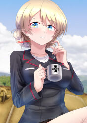 Rule 34 | 1girl, alternate costume, black jacket, blonde hair, blue eyes, blue sky, blush, braid, breasts, cloud, cloudy sky, coffee mug, cup, darjeeling (girls und panzer), day, emblem, girls und panzer, half-closed eyes, highres, holding, holding cup, jacket, kuromorimine (emblem), kuromorimine military uniform, long sleeves, looking at viewer, medium breasts, military uniform, military vehicle, motor vehicle, mug, on tank, outdoors, parted lips, redbaron, shirt, short hair, sitting, sky, smile, solo, tank, twin braids, white shirt