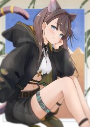1girl animal_ears ankh arknights belt black_jacket black_shorts blurry brown_belt brown_hair brown_tail closed_mouth commentary ear_piercing feet_out_of_frame grey_eyes hair_behind_ear hair_intakes head_rest hieroglyphics highres hood hood_down hooded_jacket jacket jewelry knees_up long_hair long_sleeves looking_at_viewer midriff navel open_clothes open_jacket pepe_(arknights) piercing shorts sitting smile solo sora_mame_(princess_0sora) split_mouth tail tail_ornament tail_raised tail_ring thighlet